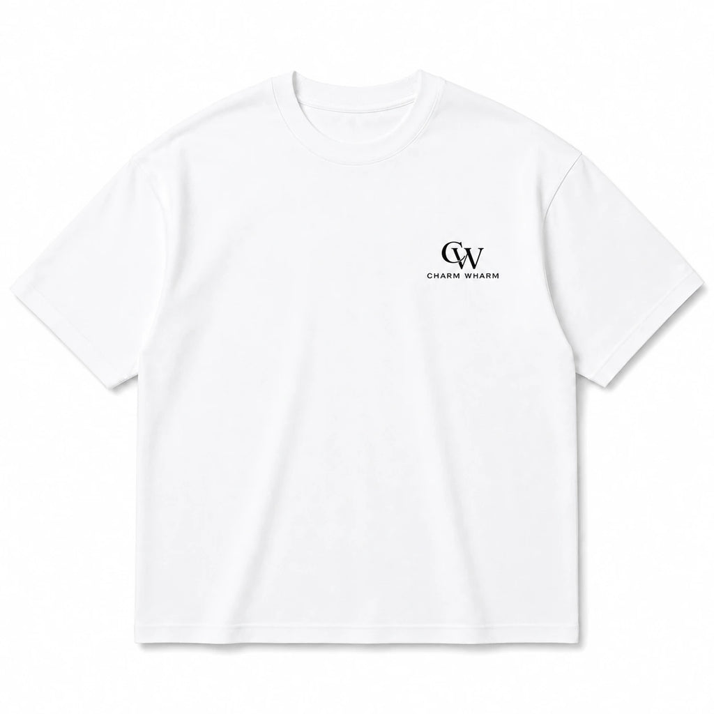 A white short-sleeve crewneck t-shirt with a small black 'CW Charm WHARM' logo printed on the left chest, displayed on a clean white background.
