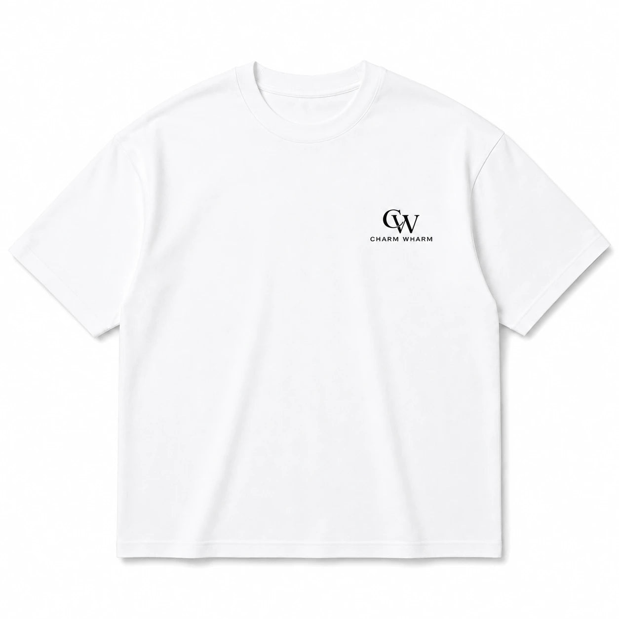 A white short-sleeve crewneck t-shirt with a small black 'CW Charm WHARM' logo printed on the left chest, displayed on a clean white background.