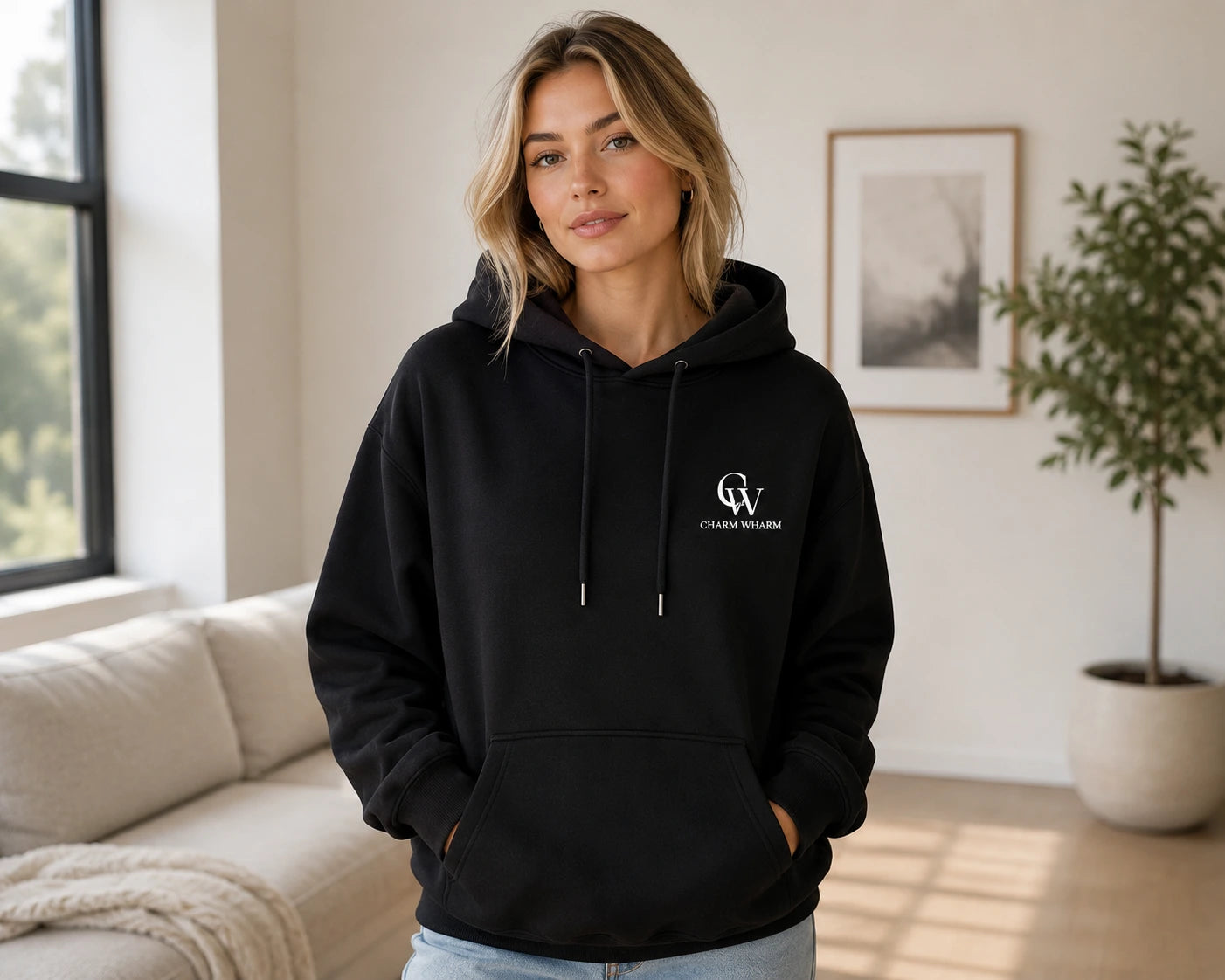 A woman wearing a black pullover hoodie with a white 'CW' monogram logo and 'Charm Wharm' text on the left chest, standing in a bright, modern living room.