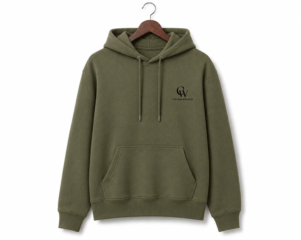 An olive green pullover hoodie with a drawstring hood and kangaroo pocket, hanging on a wooden hanger against a plain white background. A small black 'CW' monogram logo is printed on the left chest.