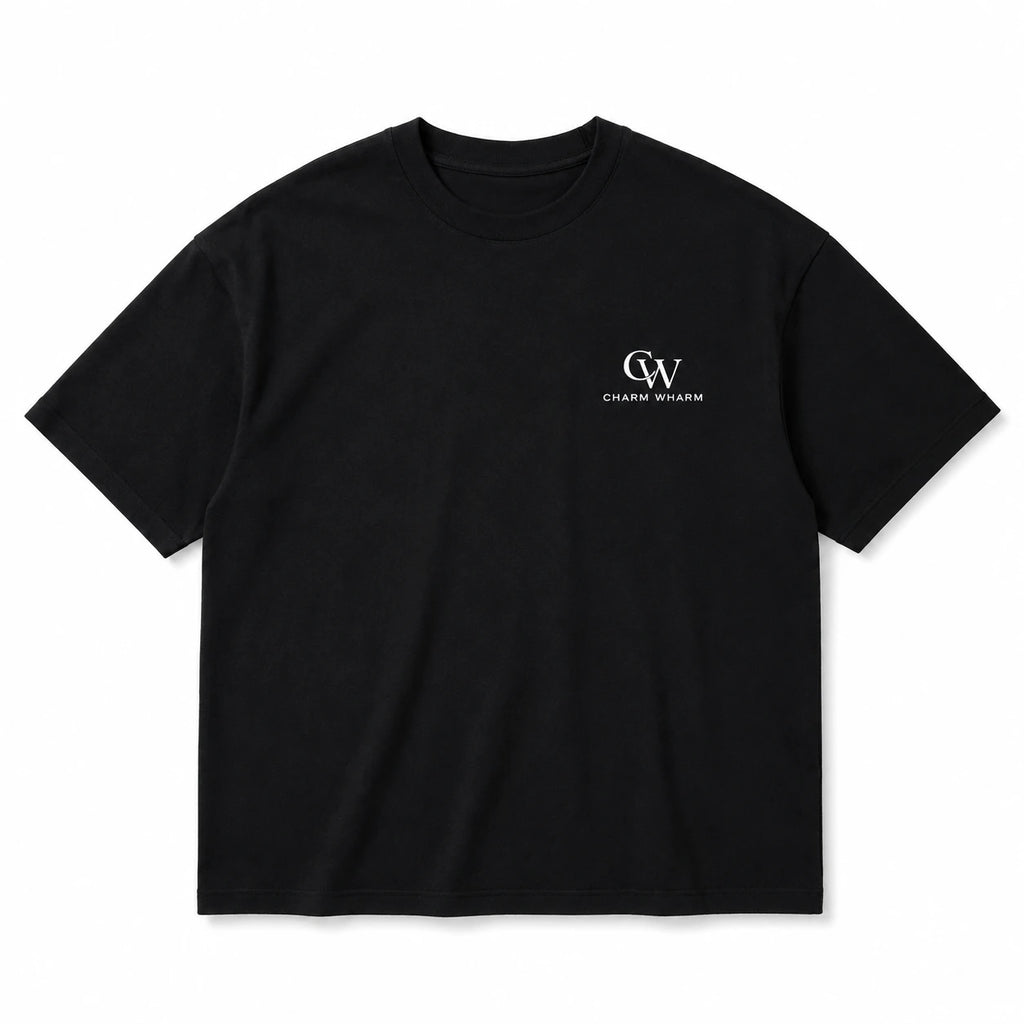 A black short-sleeve crewneck t-shirt with a small white 'CW Charm Wharm BRAND' logo printed on the left chest, displayed flat against a white background.