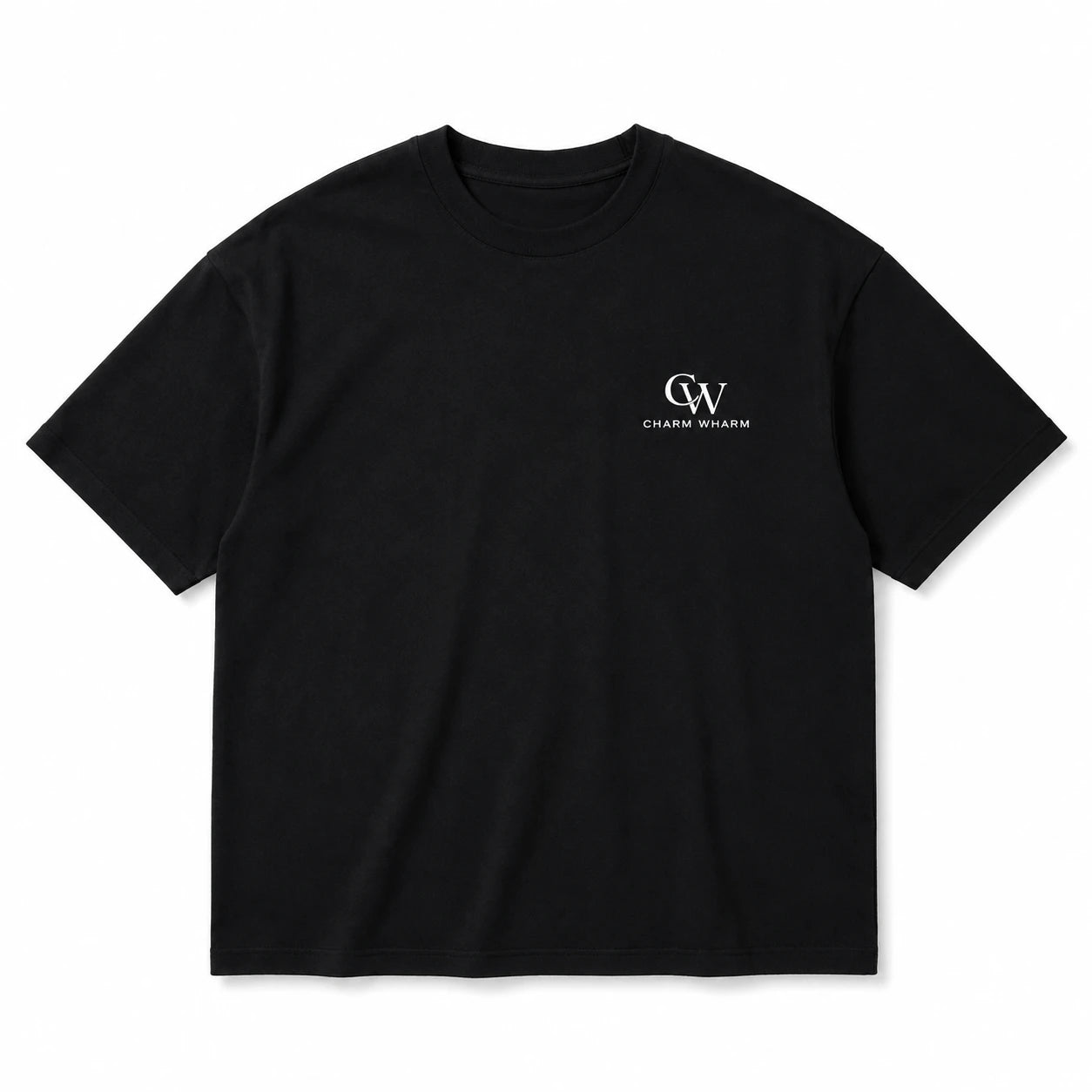 A black short-sleeve crewneck t-shirt with a small white 'CW Charm Wharm BRAND' logo printed on the left chest, displayed flat against a white background.