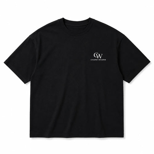 A black short-sleeve crewneck t-shirt with a small white 'CW Charm Wharm BRAND' logo printed on the left chest, displayed flat against a white background.