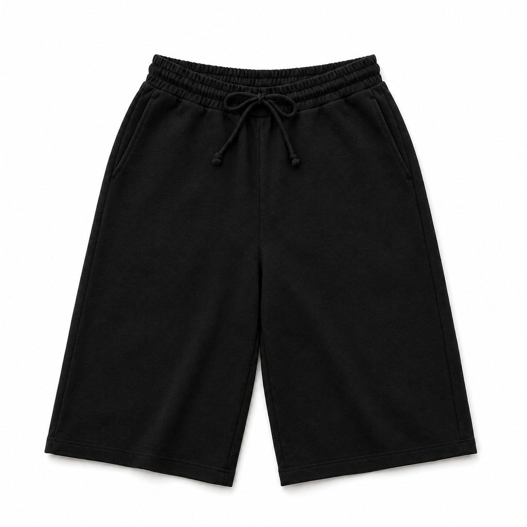 Black fleece drawstring shorts with an elastic waistband, photographed flat against a white background.