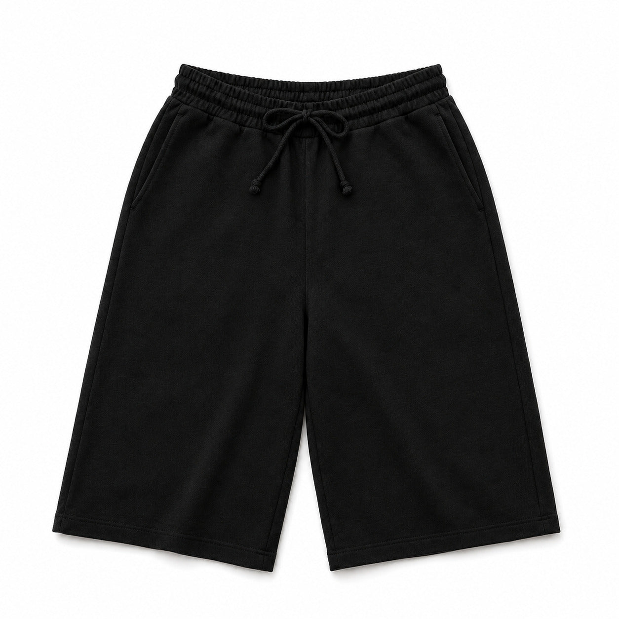 Black fleece drawstring shorts with an elastic waistband, photographed flat against a white background.