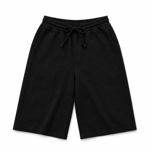 Black fleece drawstring shorts with an elastic waistband, photographed flat against a white background.